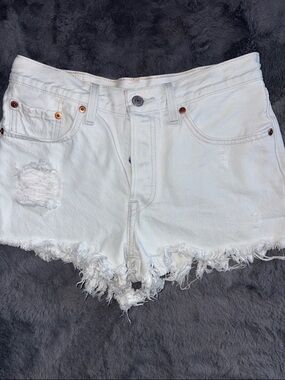 Levi's White Distressed Frayed Denim Shorts